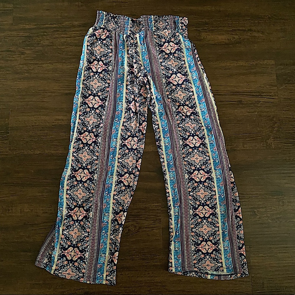 Pink Republic Navy Boho Floral Paisley Palazzo Wide Leg Pants Size M